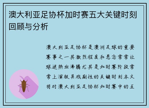 澳大利亚足协杯加时赛五大关键时刻回顾与分析