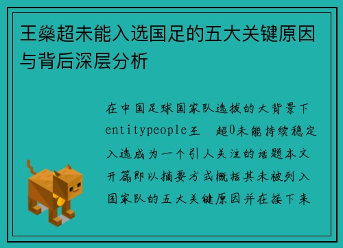 王燊超未能入选国足的五大关键原因与背后深层分析